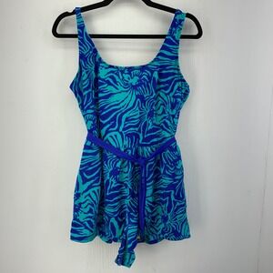 Esther Williams Vintage Zebra Floral Belted One Piece Swim Dress Shorts Size 42